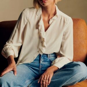 Sezane White Lace Trim Blouse